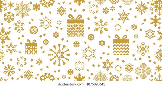 Xmas print with small geometric elements. Seamless vector pattern with geometric motifs. emplate for gifts, cards, flyers. Golden on white.