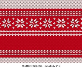 Xmas print with snowflakes. Christmas border. Knit seamless pattern. Red knitted texture. Fair isle traditional ornament. Holiday background. Festive sweater. Vector illustration.