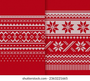 Xmas print with snowflakes ornament border. Fair isle traditional ornament. Christmas red knitted texture. Knit seamless pattern. Holiday background. Festive sweater. Vector illustration.