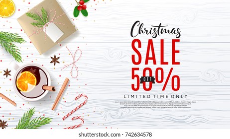 Xmas Promo Web Banner. Christmas Greeting Card with Lettering. Top View on Festive Decoration with Paper Gift Boxes for Happy New Year. Vector Illustration with Discount Sale.
