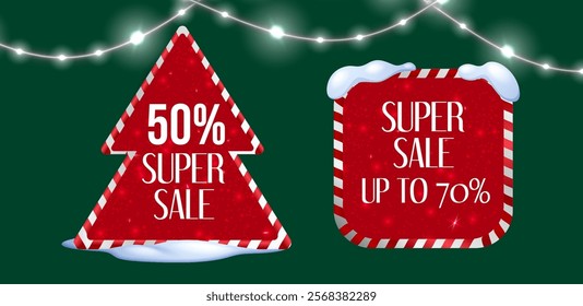 Xmas promotional banners shaped like tree and square tablet - red frames with candy cane borders display super sale discounts. Snowy decorative elements and glowing garland string lights on green bg.