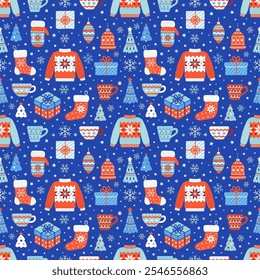 Xmas pullover, mittens, stocking, spruce trees and snowflakes red blue trendy colored backdrop. Christmas ugly sweater, gift boxes seamless pattern. Vector background for fabric print, wrapping paper