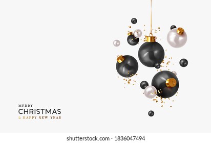 Xmas Realistic balls bauble hanging on ribbon. Merry Christmas and Happy New Year. Background with festive 3d black and white balls. Falling Tinsel glitter gold confetti. vector illustration