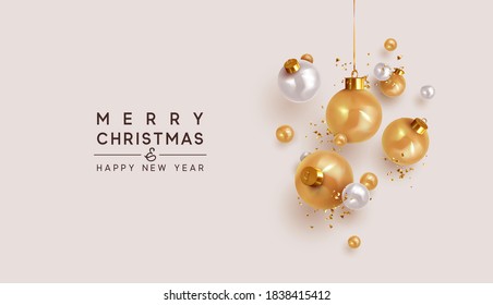 Xmas Realistic balls bauble hanging on ribbon. Merry Christmas and Happy New Year. Background with festive 3d golden and white balls. Falling Tinsel glitter gold confetti. vector illustration