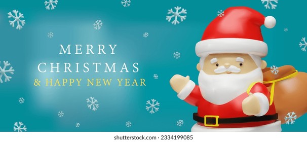 Xmas realistic banner. 3D render clay Santa Claus. Merry Christmas and Happy New Year poster for holiday advertising. Vector illustration in plastic style. Cartoon character for winter season.