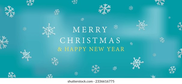 Xmas realistic banner. 3D render clay snowflakes. Merry Christmas and Happy New Year poster for holiday advertising. Vector illustration in plastic style. Cartoon advertising for winter season.