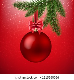 Xmas Red Background With Christmas Ball And Firtree With Gradient Mesh, Vector Illustration