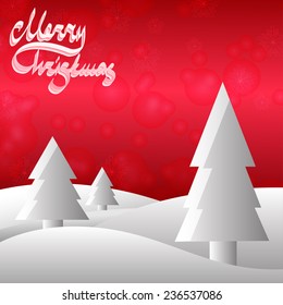 Xmas red background with grey christmas trees. Vector new year illustration.