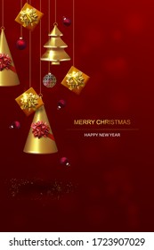 Xmas red Poster, greeting card, banner. New Year  Background with Sparkling Christmas trees and gift boxes.