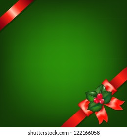 Xmas Red Ribbons With Holly Berry With Gradient Mesh, Vector Illustration