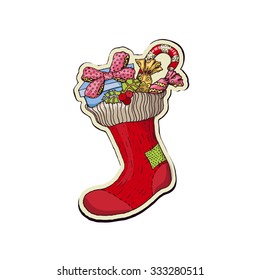 Xmas red socks. Colorful dooodle style sticker for fabric print design, Merry Christmas and Happy New Year decoration. Vector illustration of socks and sweet chocolate candy, gift box and candy cane.