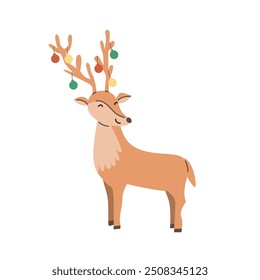 Xmas reindeer flat cartoon illustration. Cute animal deer standing and sitting. Isolated object. Christmas animal for decorations, greeting card.
