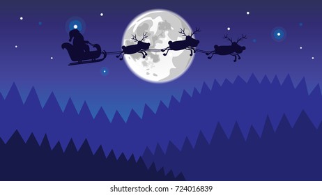 xmas reindeers and santa flies over the night forest with moon vector background in blue colors