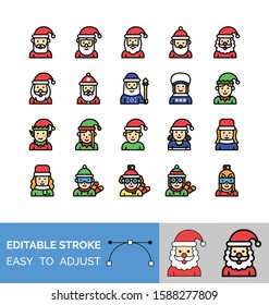 xmas related Santa clause, elf, boy in elf dress, girl in elf dress, Santa wizard, Santa characters, and mrs clause avatar character vector with editable stroke 