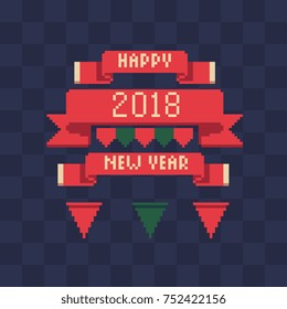 Xmas ribbons set. Happy new year lettering. Pixel art style banners. New Year's design of greeting card. Isolated vector illustration.