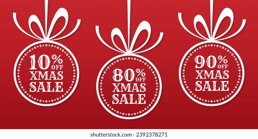Xmas sale banner with 10, 80, 90 percent price off label, icon or tag. Christmas ball with bow and ribbon. Winter holiday promotion card design. Vector illustration.