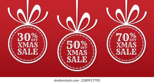 Xmas sale banner with 30, 50, 70 percent price off label, icon or tag. Christmas ball with bow and ribbon. Winter holiday promotion card design. Vector illustration.