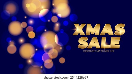 Xmas Sale banner. Christmas commercial background for shopping activities and holiday sales promotion. Bright bokeh lights. Vector illustration.