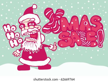 "xmas sale" banner with crazy Santa , color vector illustration