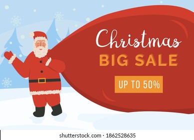 Xmas sale banner with cute waving Santa carrying big gifts bag on winter background. Claus with a huge bag on the run to delivery christmas gifts at snowfall. Vector illustration. Ad or announcement.