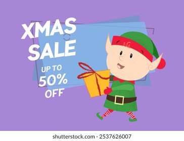 Xmas sale coupon with Santa helper. Inscription with elf holding gift box on abstract background. Can be used for shopping, discount, coupon