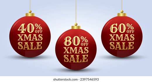 Xmas sale design with 3d Christmas ball. 40, 60, 80 percent price off label, icon or tag. Winter holiday banner, background, promotion poster, promo card or flyer template. Vector illustration.