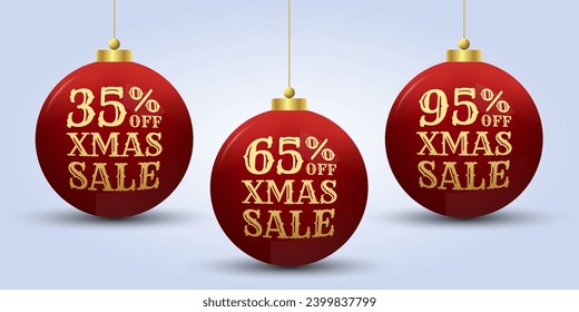 Xmas sale design with 3d Christmas ball. 35, 65, 95 percent price off label, icon or tag. Winter holiday banner, background, promotion poster, promo card or flyer template. Vector illustration.