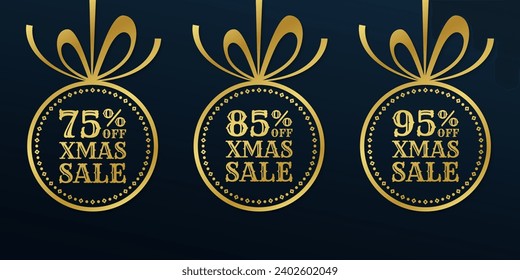 Xmas sale design with golden Christmas ball. 75, 85, 95 percent price off tag, icon or label. Winter holiday banner, background, promotion poster, promo card or flyer template. Vector illustration.