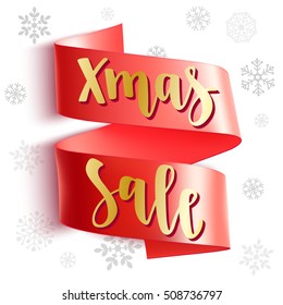 Xmas Sale. Holiday card with calligraphy, red ribbon and decorative elements.  Handwritten modern lettering with snowflakes on white background.