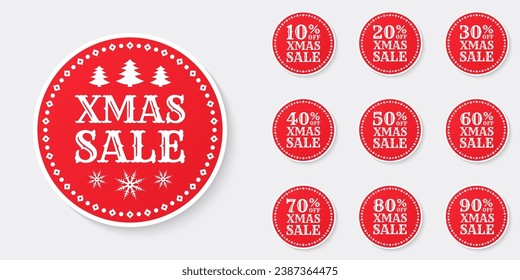 Xmas sale label, sticker or icon set. Christmas discount banners. 10, 20, 30, 40, 50, 60, 70, 80, 90 percent price off sign, logo or circle badge design. Vector illustration.