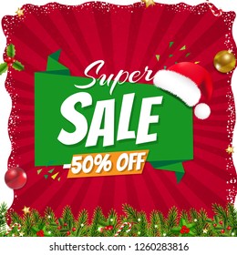 Xmas Sale Poster With Christmas Origami Banner With Gradient Mesh, Vector Illustration