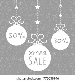 Xmas Sale - poster with hand drawn baubles. Vector.