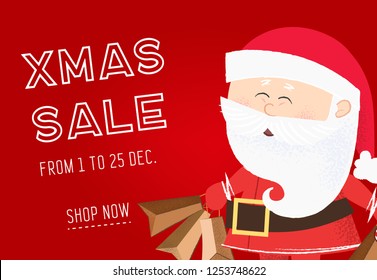 Xmas sale red coupon with Santa Claus. Inscription with Santa Claus holding paper bag on red background. Can be used for shopping, discount, coupon