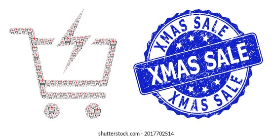 Xmas Sale rubber round seal imitation and vector recursion collage instant shopping. Blue stamp seal contains Xmas Sale title inside round shape.