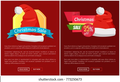 Xmas sale Santa Claus hats on promo labels vector illustration web poster with text, online buttons read more, buy now, advertisement badges on banners