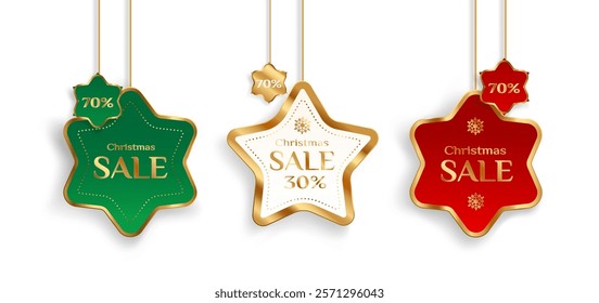 Xmas sale star shaped tags with golden borders in traditional holiday colors - gold, green and red. Realistic 3D decorative hanging price labels with discount percentages and snowflake ornaments.