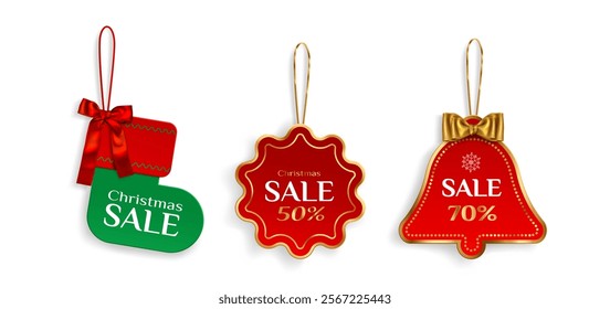 Xmas sale tag collection of stocking, starburst medallion and bell shapes in festive red and green colors. Decorative labels with golden bows, frames and ornaments display discount percentages.