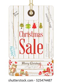 Xmas Sale Tag in Vintage Style. Holiday Discounts. Winter Sell-out Label. Decorated Christmas Tree. Vector Illustration