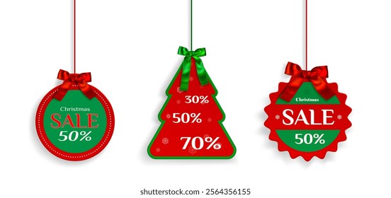 Xmas sale tags collection with satin ribbon bows in festive red and green colors. Hanging holiday marketing paper price labels shaped like bauble, tree and starburst circle with discount percentages.