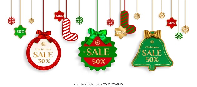 Xmas sale tags with seasonal discounts - red ball, green star, bell shaped label decorated by bows, snowflakes ornaments. Christmas holiday shopping promotion design elements on white background.