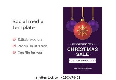 Xmas sale traditional commercial special offer social media stories template realistic 3d icon vector illustration. Christmas discount web banner spruce hanged toy ball bauble with snowflake design