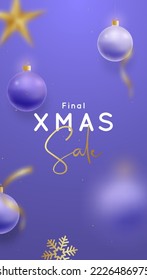 Xmas Sale vertical banner design with realistic hanging balls, snowflakes. Festive advertising poster. Template for vertical banner, website advertising, party invitation, social media, stories.