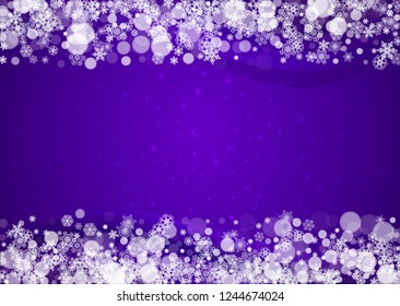 Xmas sales with ultra violet snowflakes. New Year snowy backdrop. Winter frame for flyer, gift card, party invite, retail offer and ad. Christmas trendy background. Holiday banner for xmas sales.