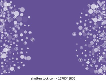 Xmas sales with ultra violet snowflakes. New Year snowy backdrop. Winter border for gift coupons, vouchers, ads, party events. Christmas trendy background. Holiday banner for xmas sales.