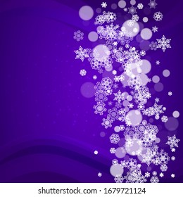 Xmas sales with ultra violet snowflakes. New Year frosty backdrop. Winter frame for gift coupons, vouchers, ads, party events. Christmas trendy background. Holiday banner for xmas sales.