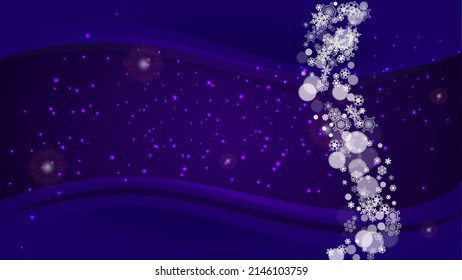 Xmas sales with ultra violet snowflakes. New Year backdrop. Snow border for flyer, gift card, invitation, business offer and ad. Christmas trendy background. Holiday frosty banner for xmas sales