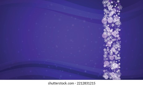 Xmas sales with ultra violet snowflakes. New Year backdrop. Snow border for flyer, gift card, invitation, business offer and ad. Christmas trendy background. Holiday frosty banner for xmas sales