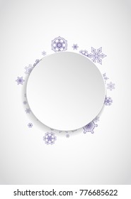Xmas sales with ultra violet snowflakes.  Winter border for flyer, gift card, invitation, business offer and ad. Christmas white background. Paper banner for xmas sales. New Year snowy backdrop