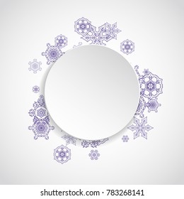 Xmas sales with ultra violet snowflakes.  Winter border for flyer, gift card, invitation, business offer and ad. Christmas white background. Paper banner for xmas sales. New Year snowy backdrop