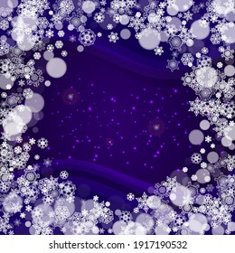 Xmas sales with ultraviolet snowflakes. New Year snowy backdrop. Winter frame for gift coupons, vouchers, ads, party events. Christmas trendy background. Holiday banner for xmas sales.